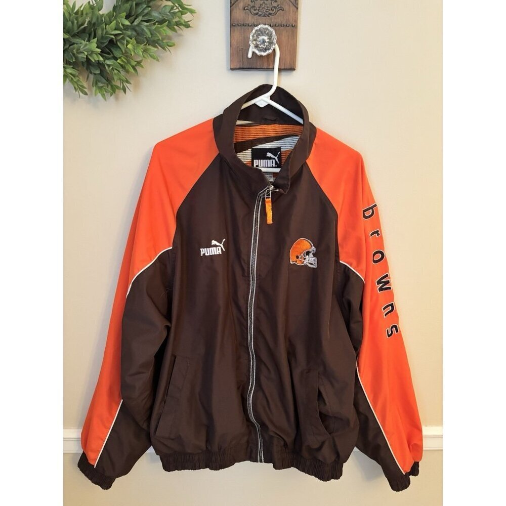 Vintage Puma Cleveland Browns Mens Size 2XL Windbreaker Orange Brown Full Zip